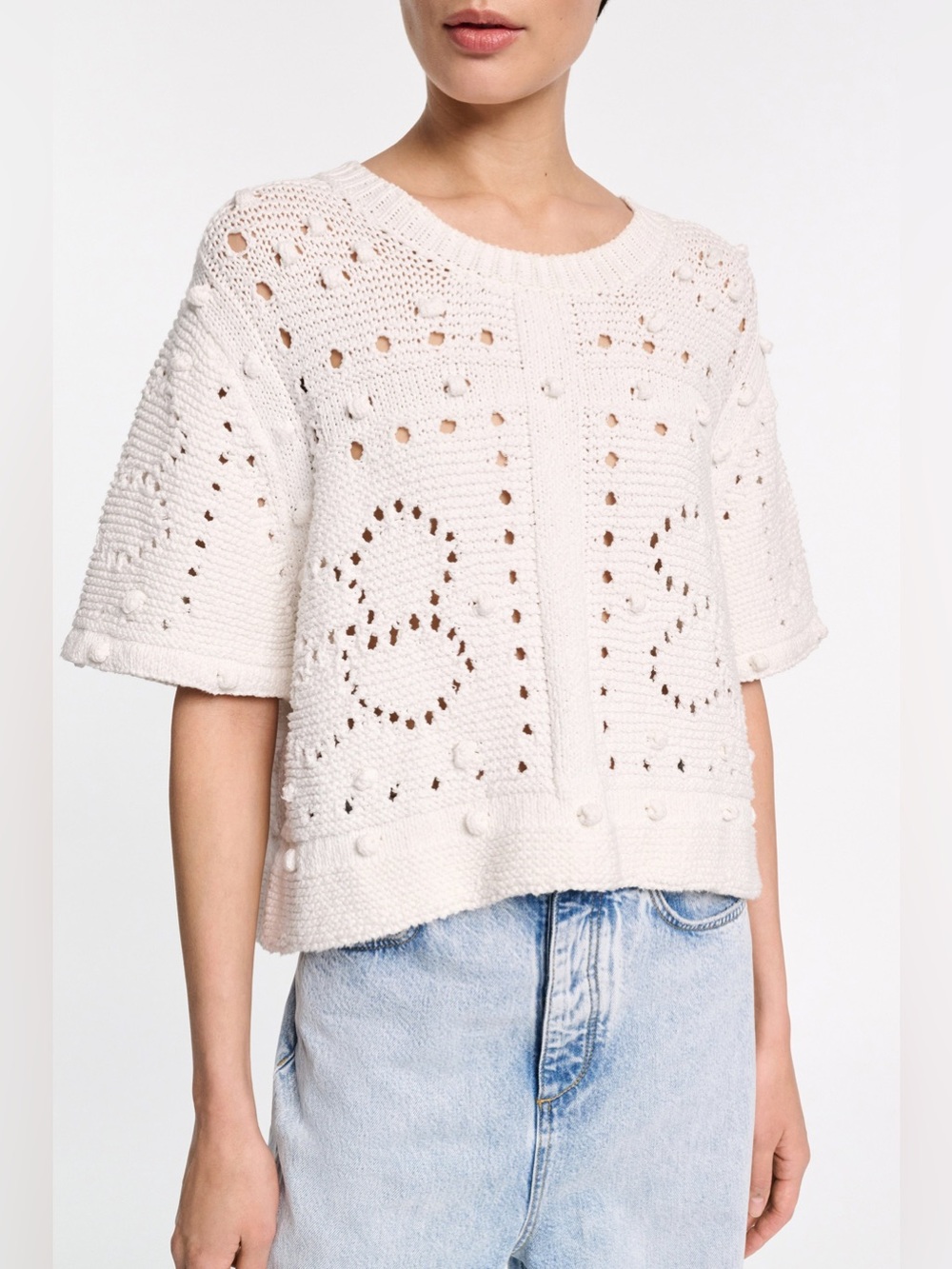 DOROTHEE SCHUMACHER Bohemian Mood Pointelle Pullover Sweater in White, Size 3/L